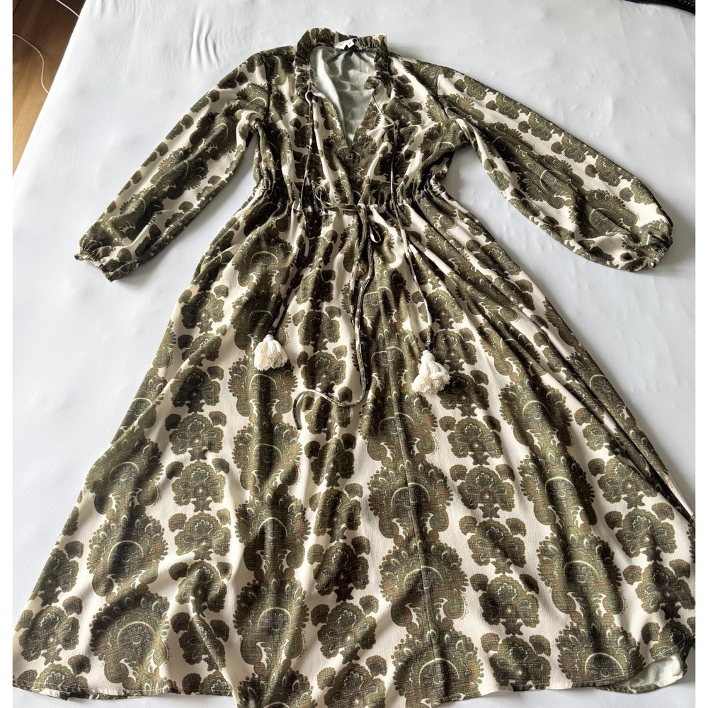 Cara Cara Tanglewood Dress Green Paisley Ruffled Neckline Drawstring Waist M - Picture 2 of 8
